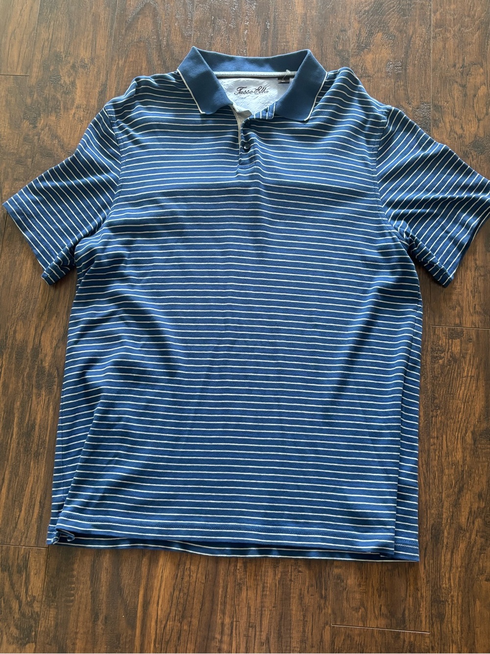 Tasso Elba Performance Golf Polo Blue & White Micro Stripe Men's Size L